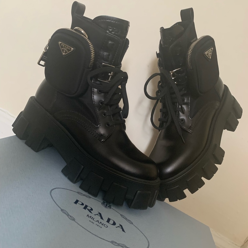 PRADA Monolith leather and nylon combat boots.            Size 37
